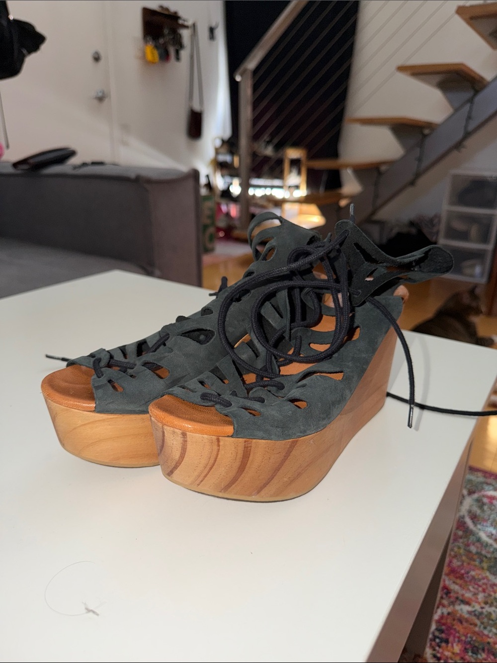 Musse & Cloud Black Suede Lace-Up Platform Wedges with Wood-Look Sole